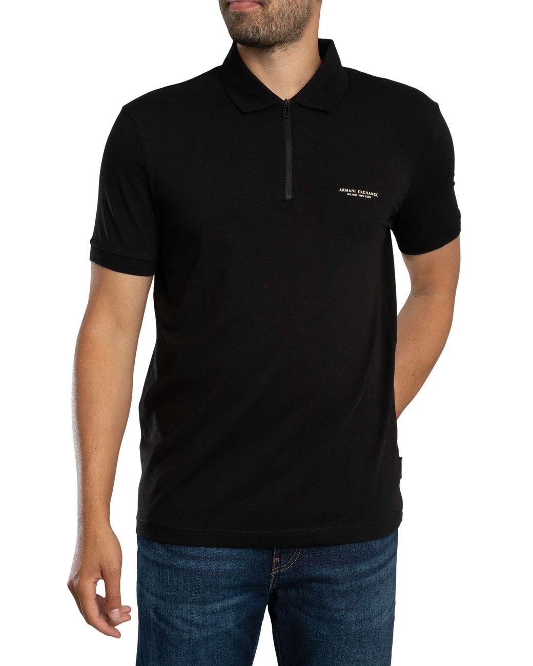 ARMANI EXCHANGE Black Slim Logo Zip Polo Shirt for men