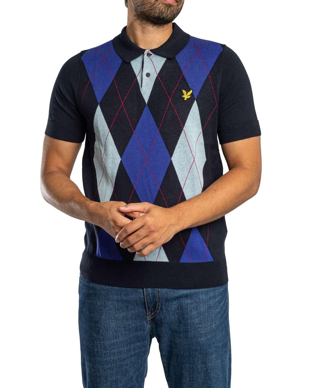 Lyle & Scott Blue Argyle Knitted Polo Shirt for men