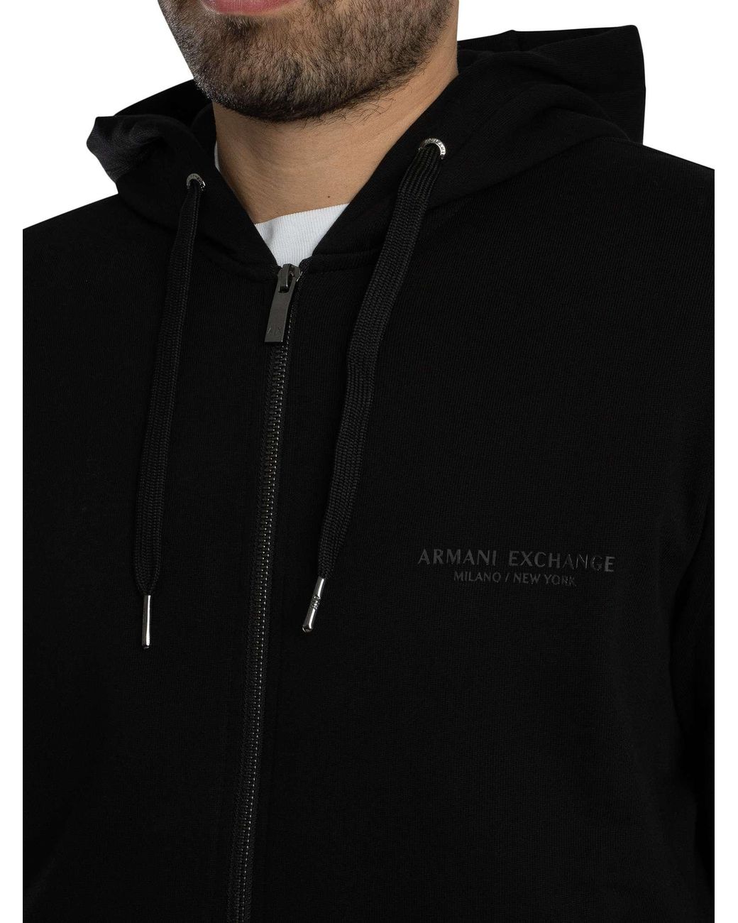 ARMANI EXCHANGE Black Chest Logo Zip Hoodie for men