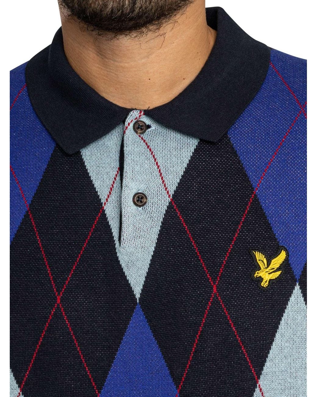 Lyle & Scott Blue Argyle Knitted Polo Shirt for men