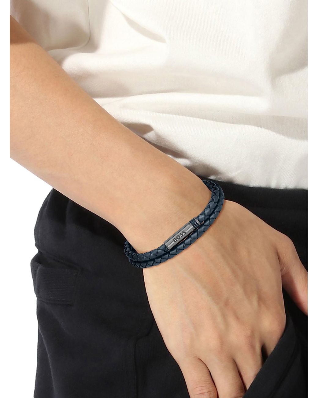 Boss Blue Ares Leather Rope Bracelet for men