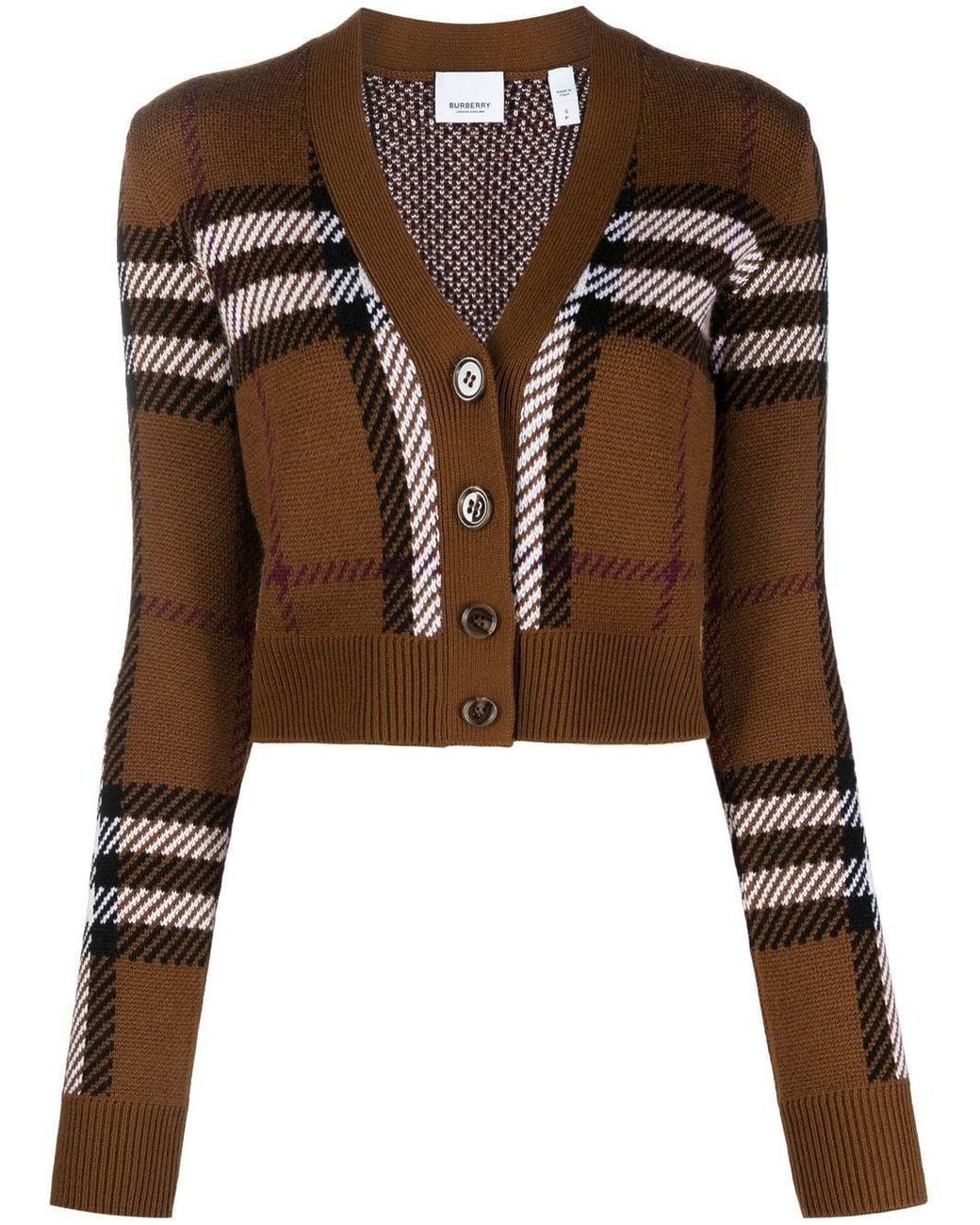 Burberry Check Wool Jacquard Cropped Cardigan in Brown | Lyst