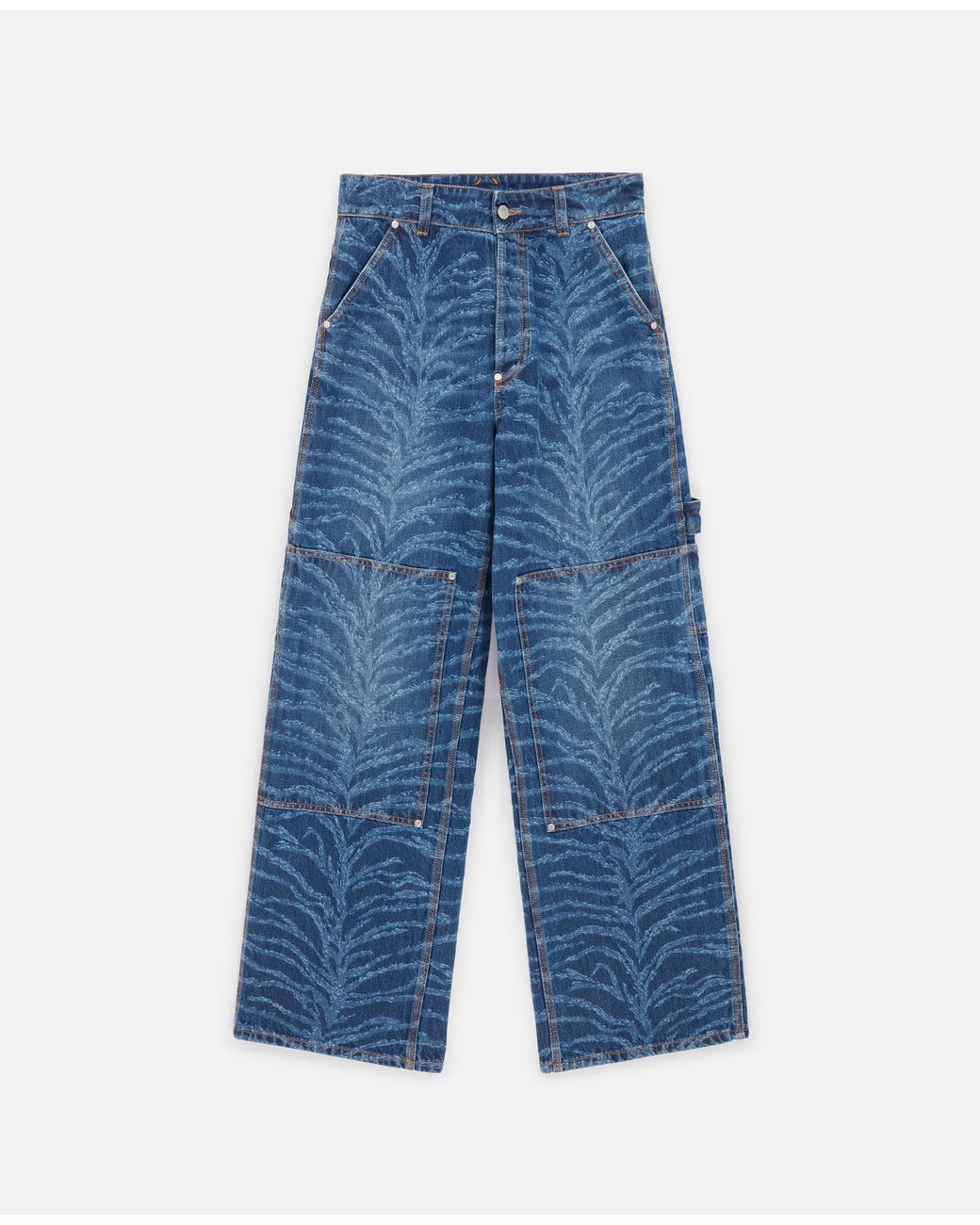 Stella McCartney Blue Tiger Pattern High-Rise Straight Leg Cargo Jeans, Vintage Wash Denim