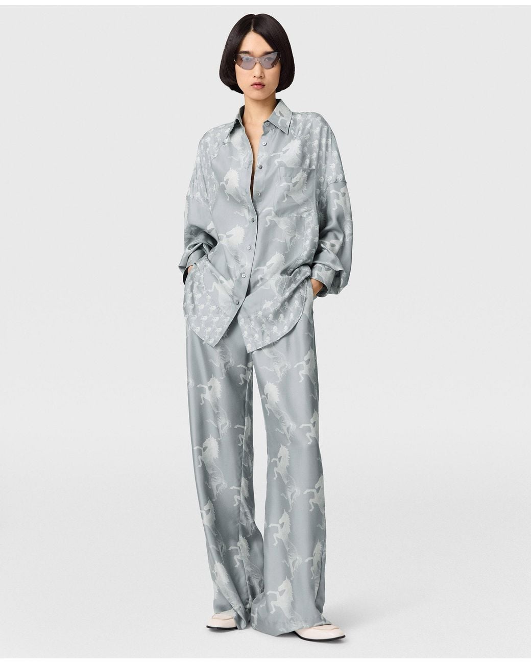 Stella McCartney Multicolor Horse Print Silk Wide-leg Pants