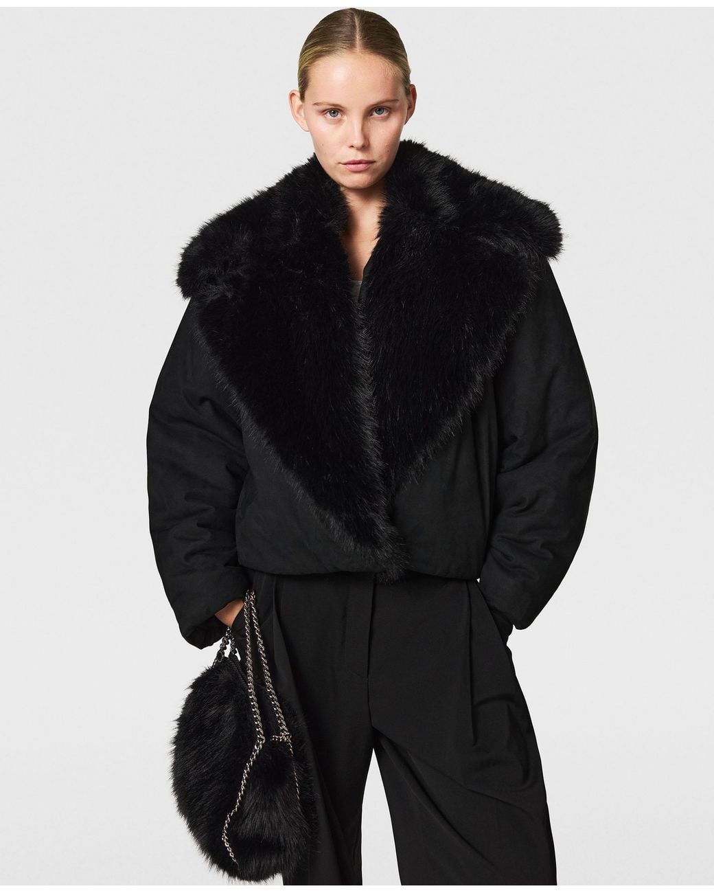 Stella McCartney Black Vegan Plush Bomber Jacket