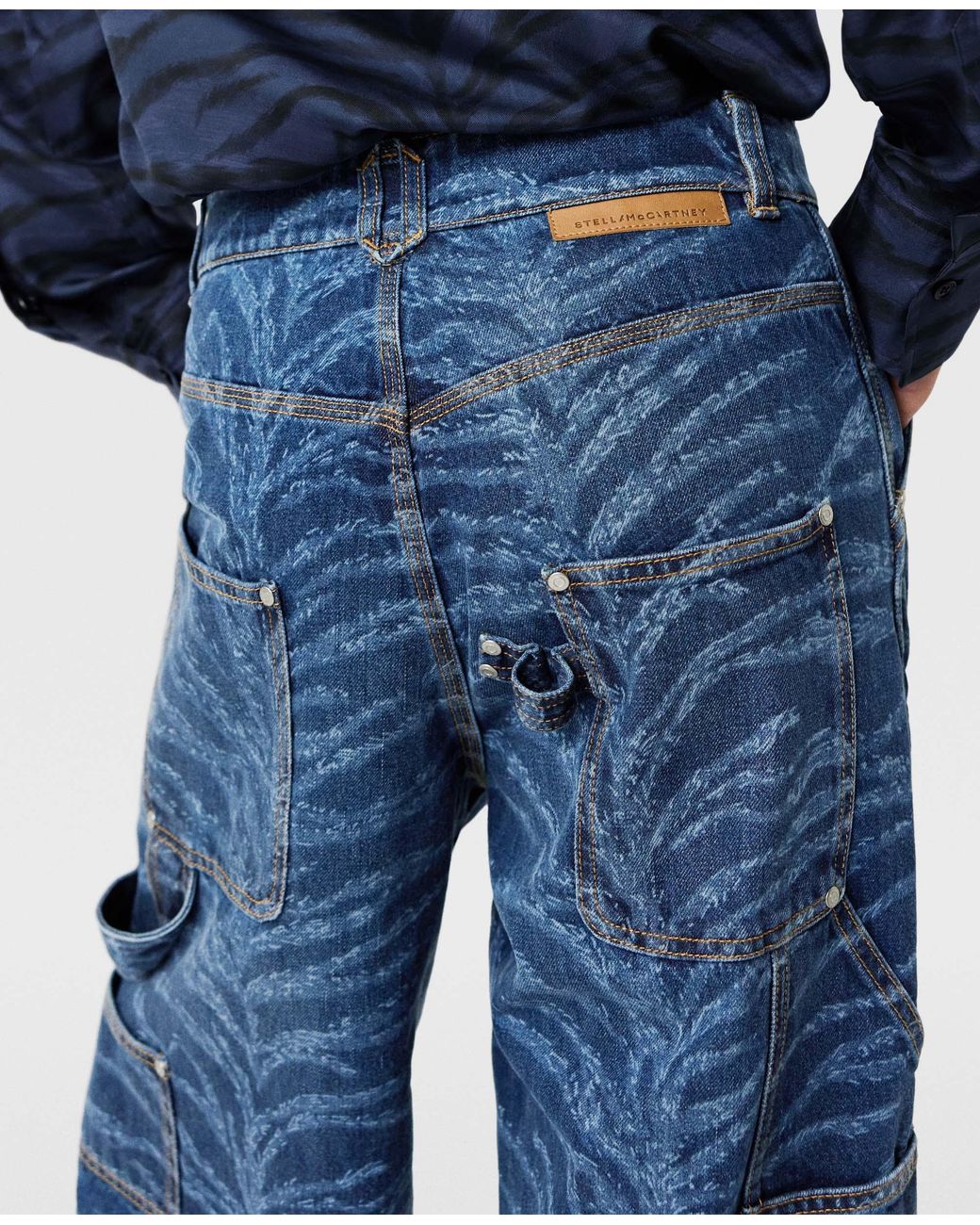 Stella McCartney Blue Tiger Pattern High-Rise Straight Leg Cargo Jeans, Vintage Wash Denim