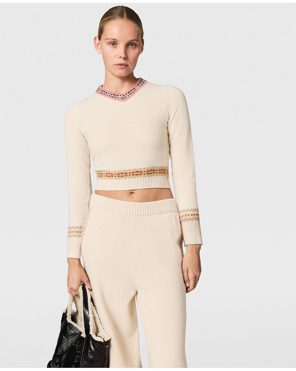 Stella McCartney Natural Fair Isle V-Neck Cropped Sweater