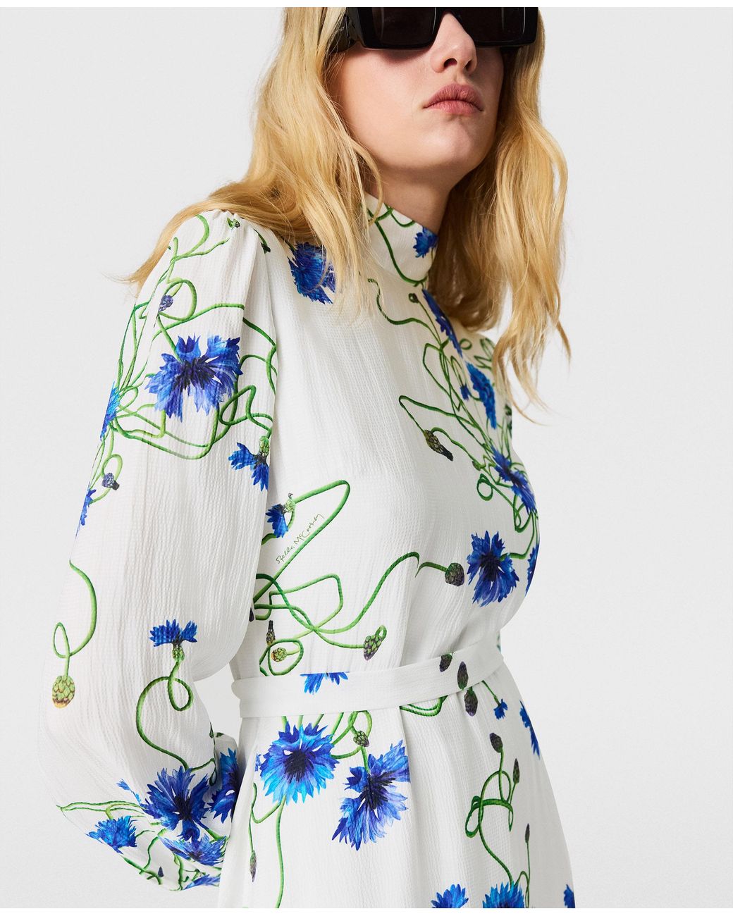 Stella McCartney Blue Floral Print High Neck Dress