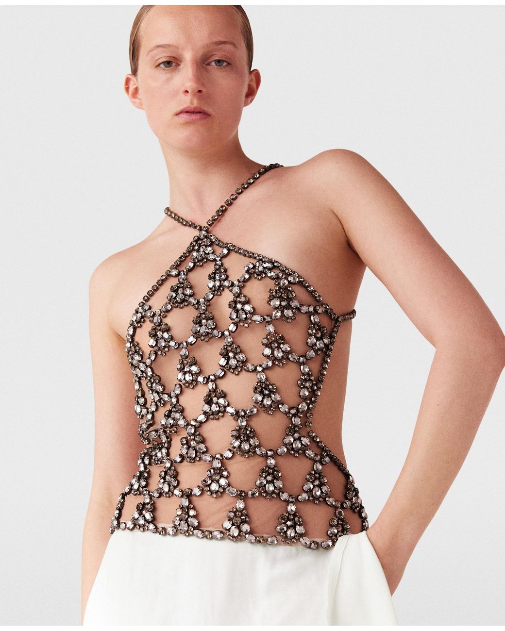 halter jersey dress Jewel Embellished Halter Jersey Long Dress with Side Slit and Sheer Midriff Waist L / Red