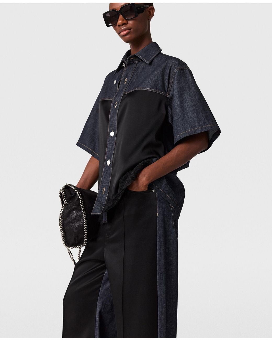 Stella McCartney Black Wide-Leg Satin-Panel Denim Jeans