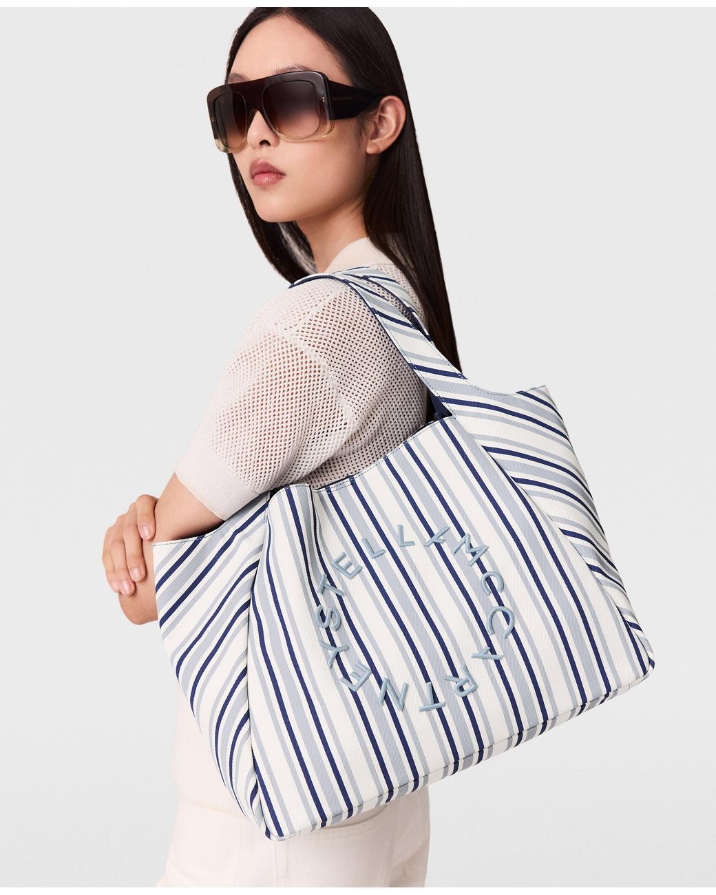 Stella McCartney White Logo Striped Tote Bag