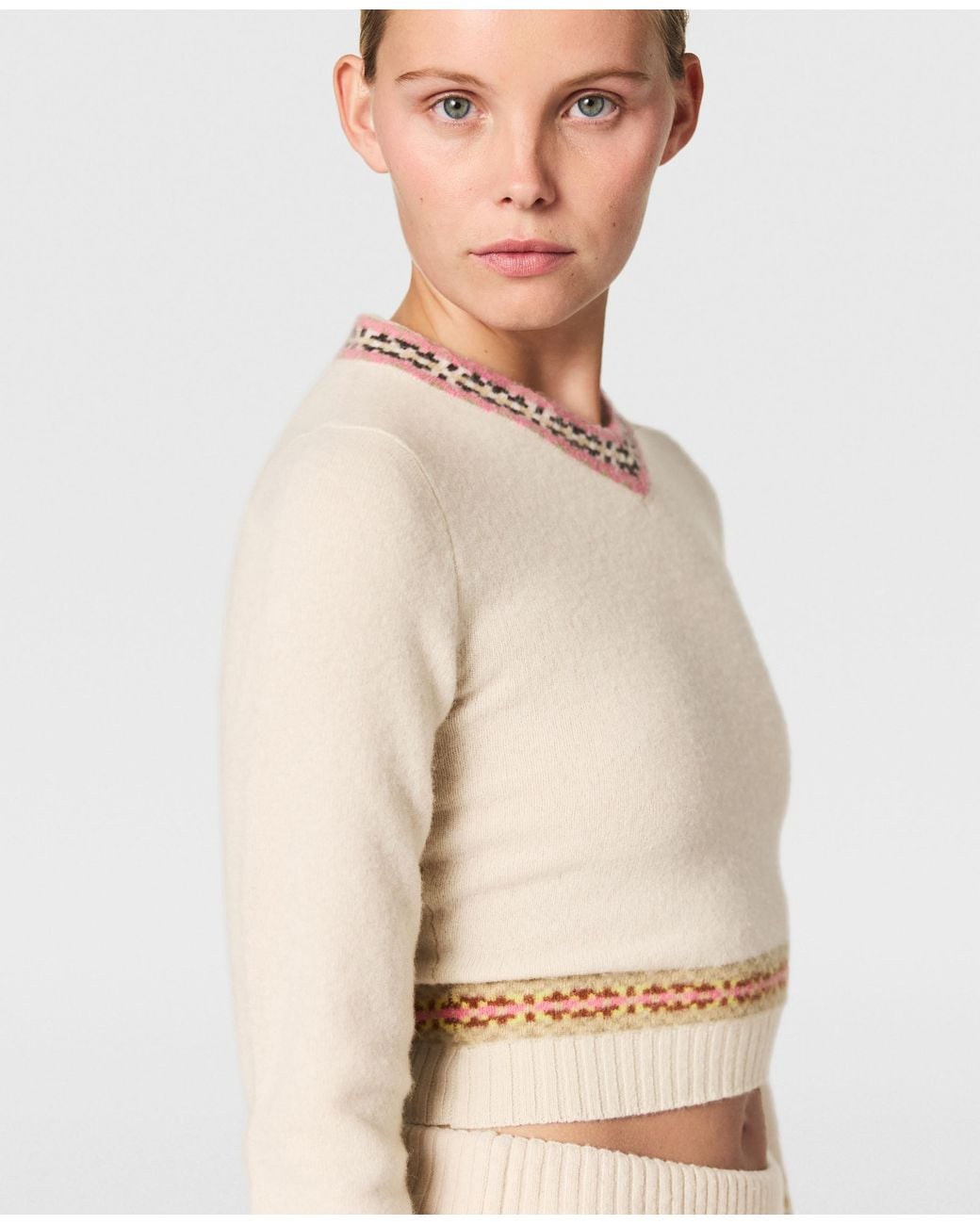 Stella McCartney Natural Fair Isle V-Neck Cropped Sweater