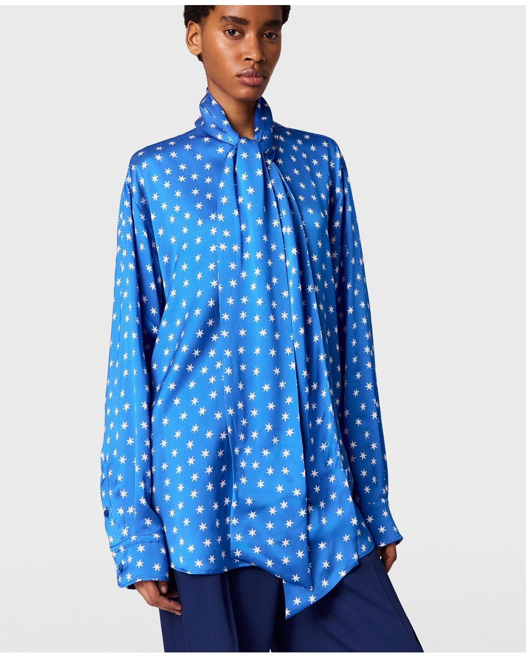 Stella McCartney Blue Star Print Bow-Tie Satin Shirt