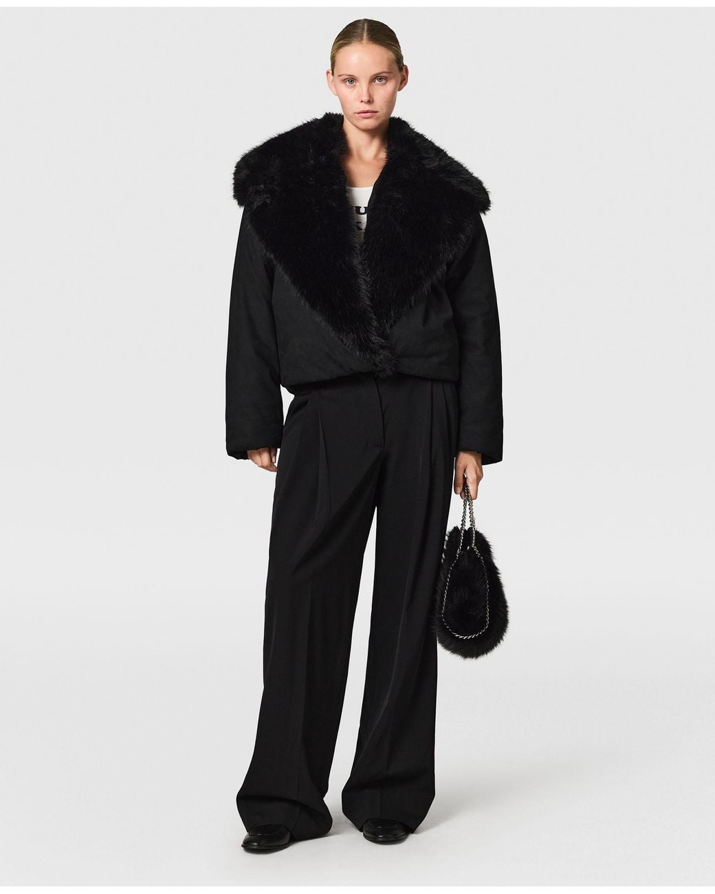 Stella McCartney Black Vegan Plush Bomber Jacket