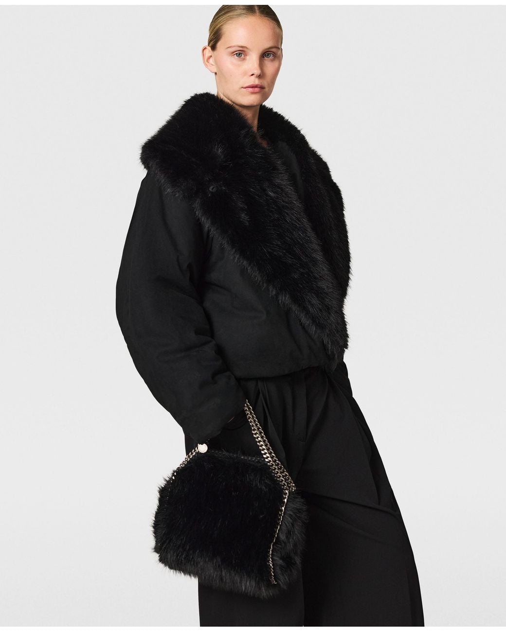 Stella McCartney Black Vegan Plush Bomber Jacket