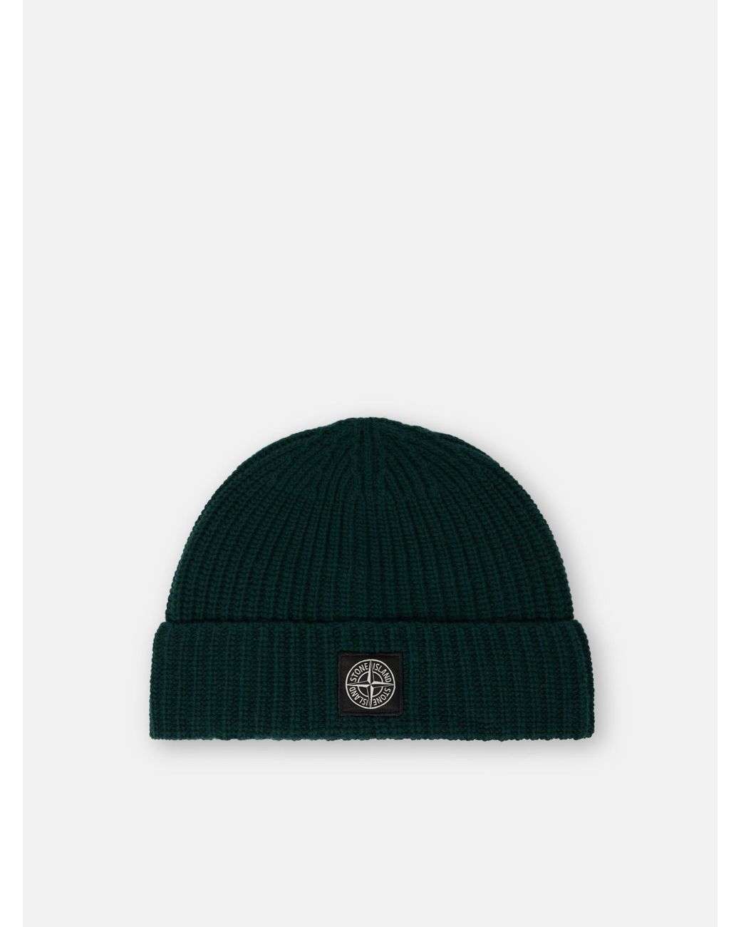 Stone Island Green Ribbed Virgin Wool Hat With Logo Patch for men