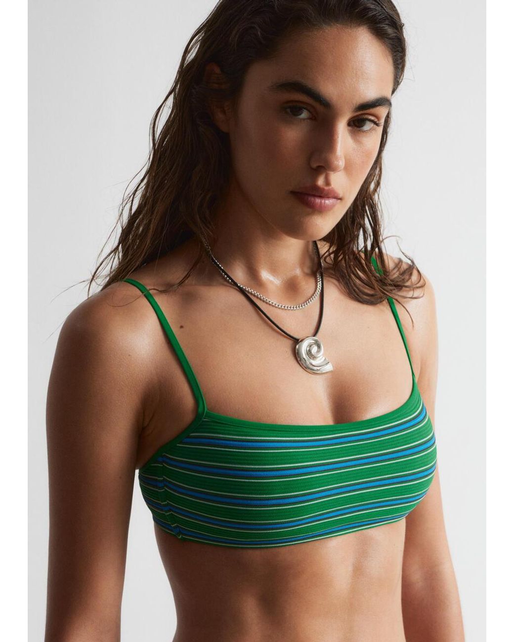 & Other Stories Green Striped Bikini Top