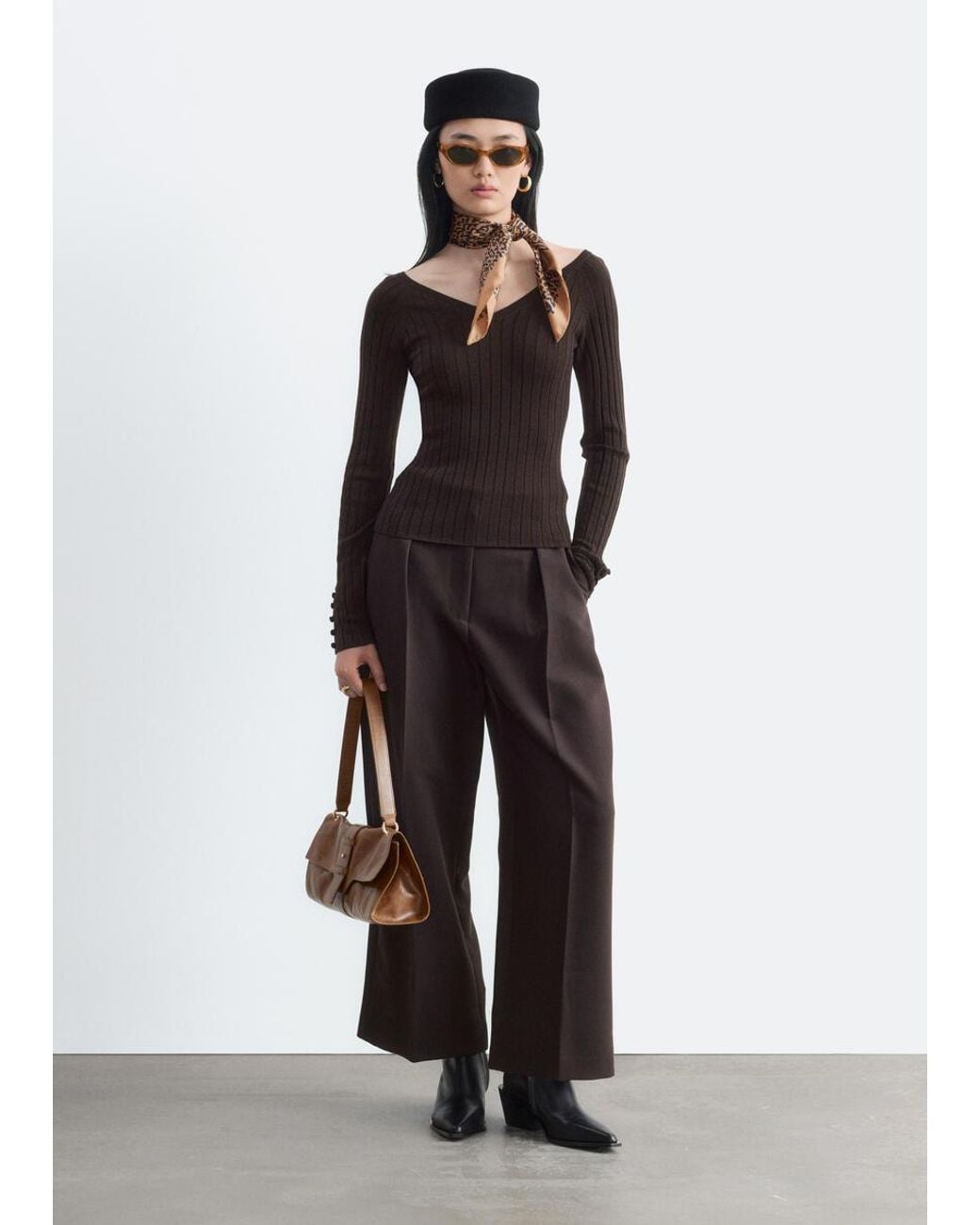 & Other Stories Brown Ribbed Wool V-Neck Top