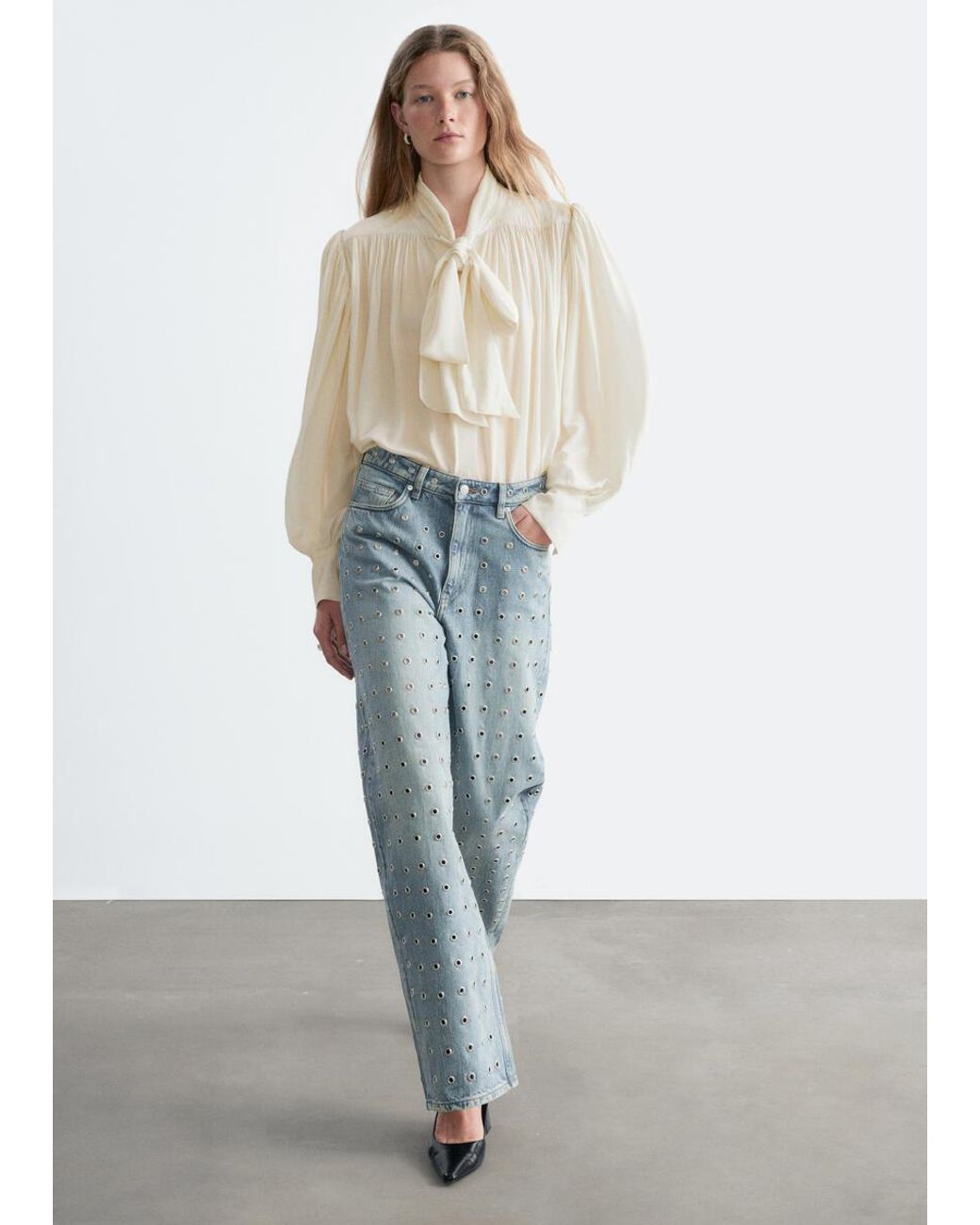& Other Stories Blue Tie-Neck Gathered Blouse