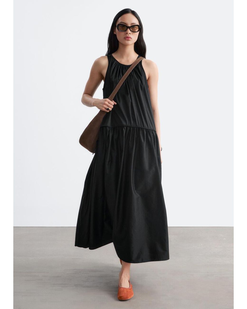 & Other Stories Black Gathered Cotton Dress