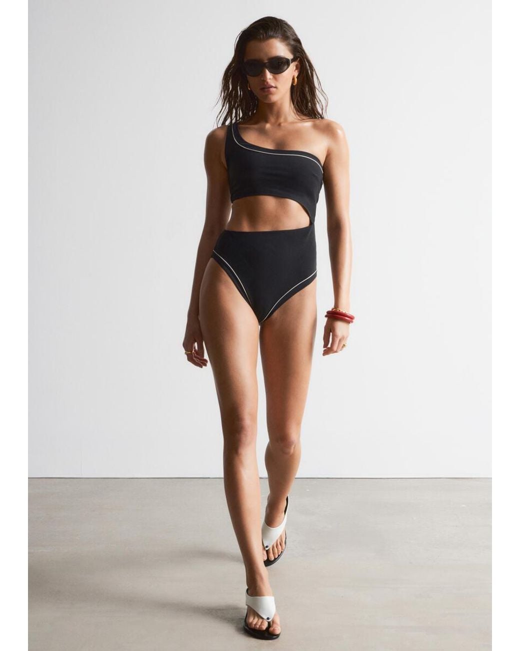 & Other Stories Black One-Shoulder Cut-Out Swimsuit