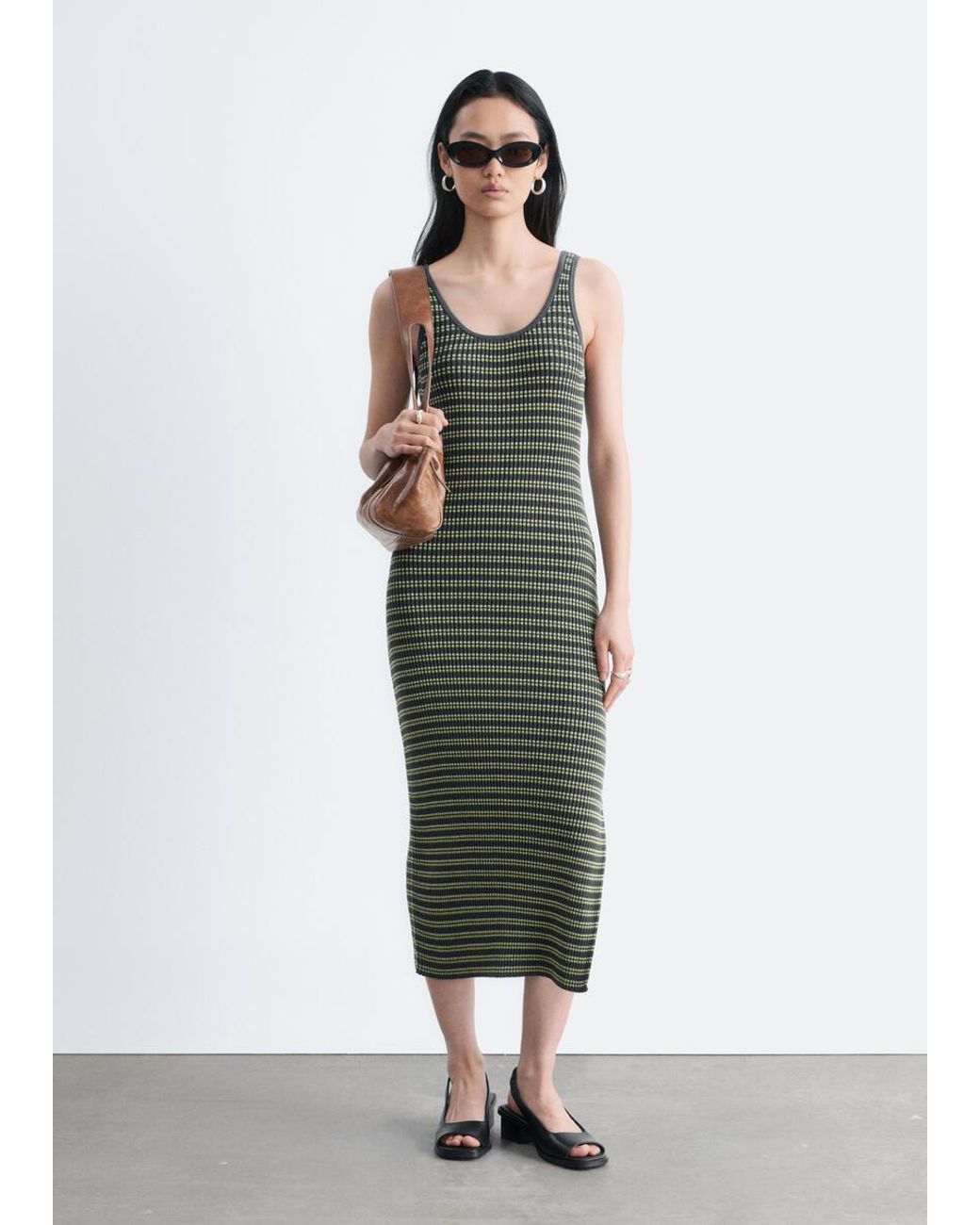 & Other Stories White Striped Rib-Knit Midi Dress