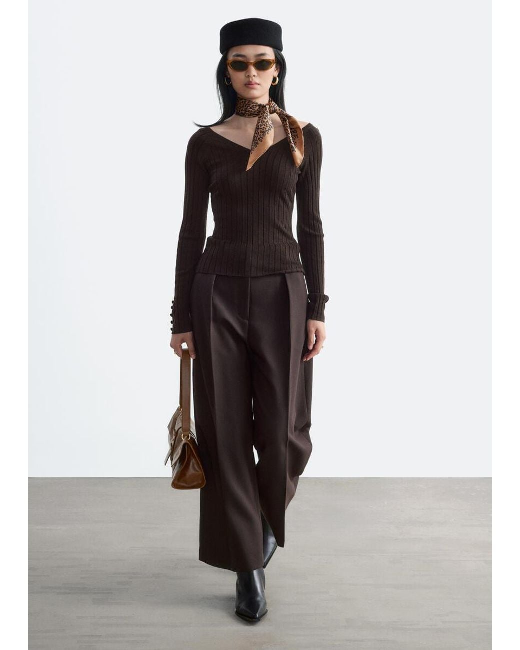 & Other Stories Brown Ribbed Wool V-Neck Top