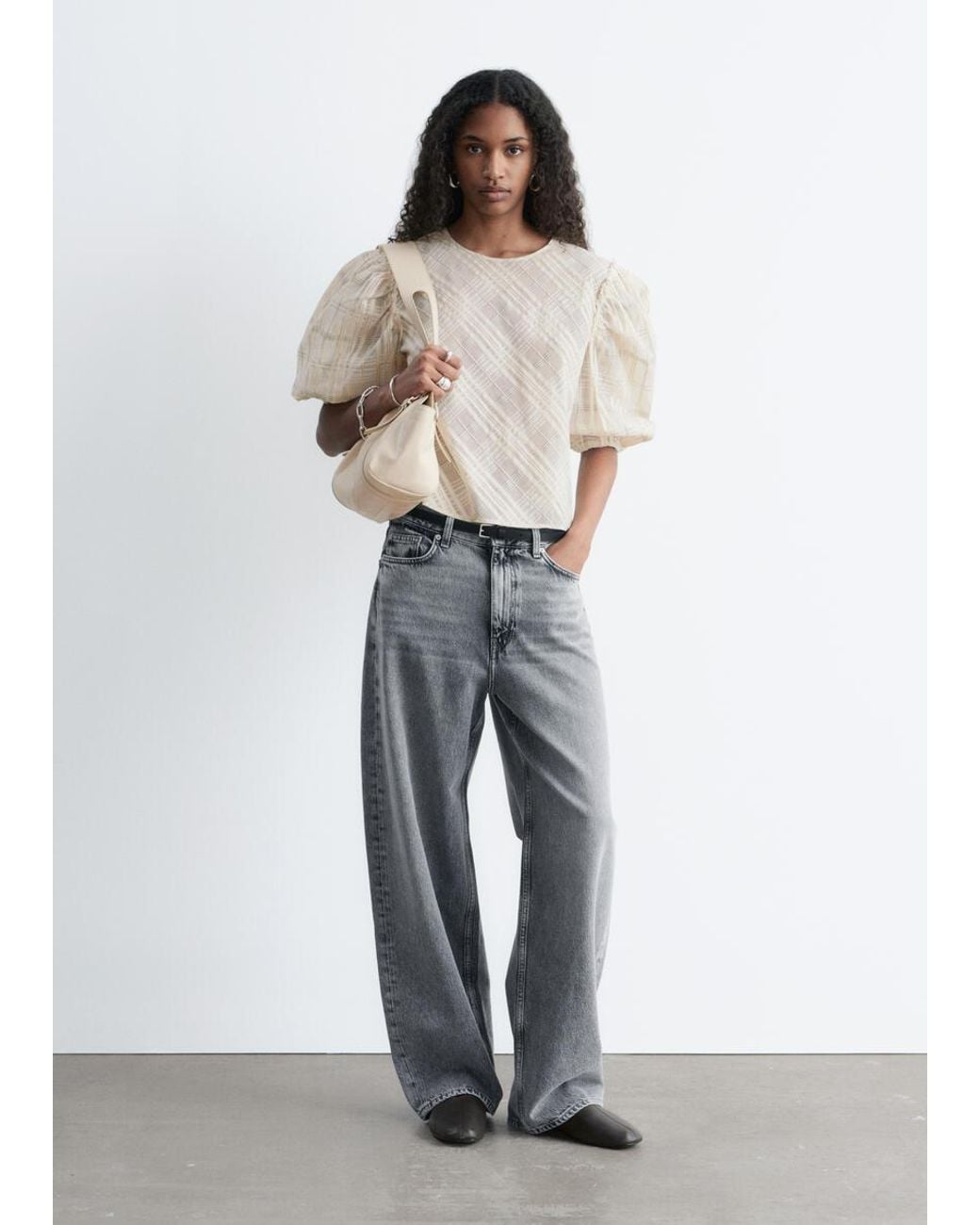 & Other Stories Natural Balloon-Sleeve Jacquard Blouse