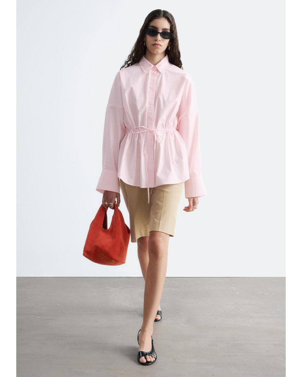 & Other Stories Pink Cotton Poplin Drawstring Shirt