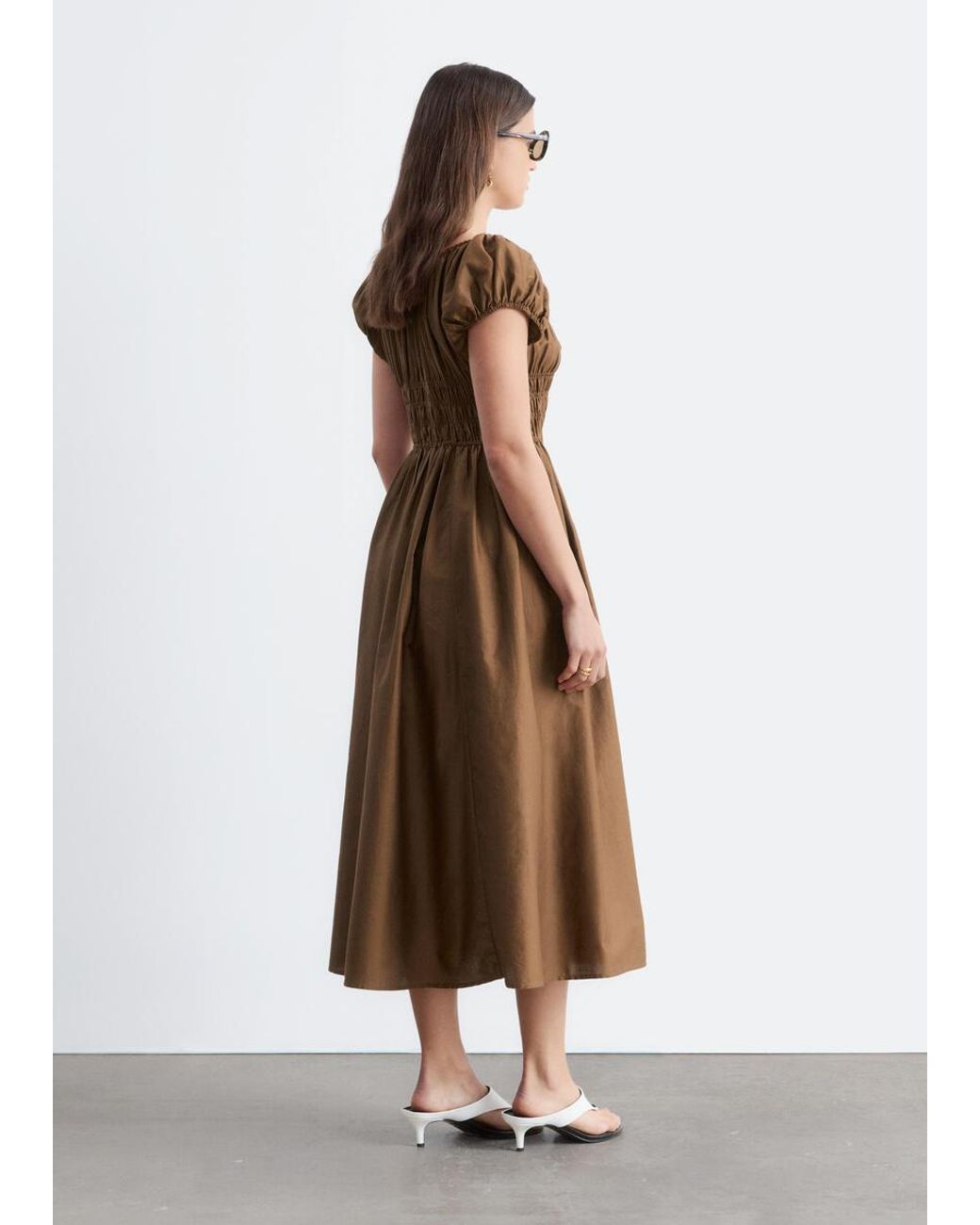 & Other Stories Brown Cotton Smocked Midi Dress