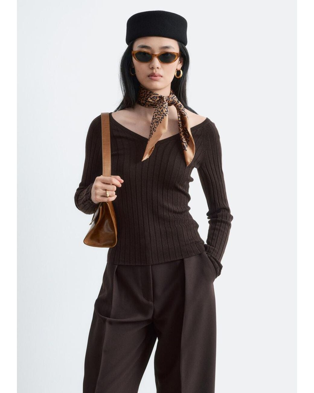 & Other Stories Brown Ribbed Wool V-Neck Top