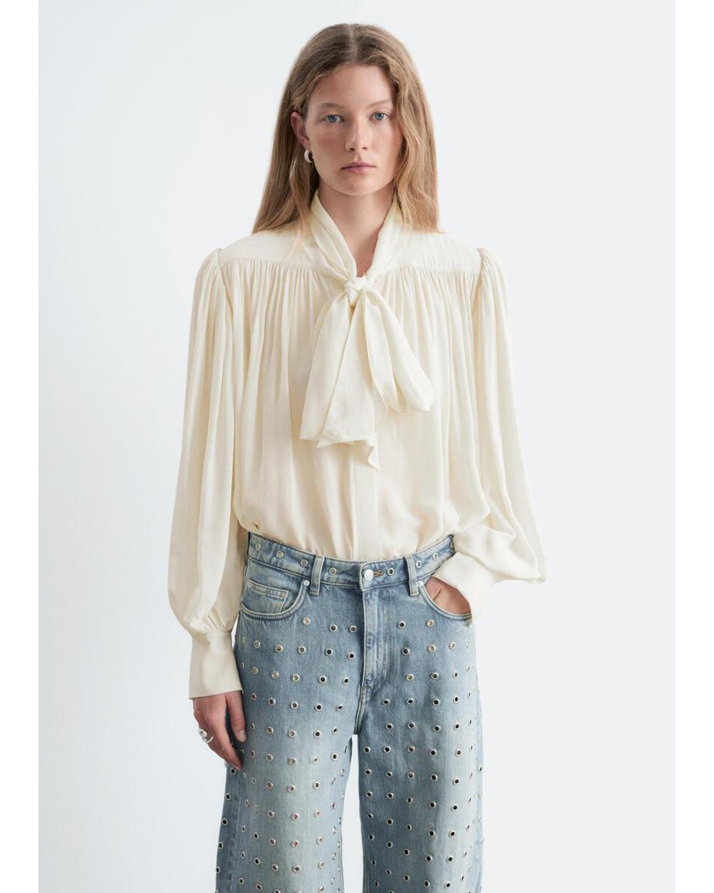 & Other Stories Blue Tie-Neck Gathered Blouse