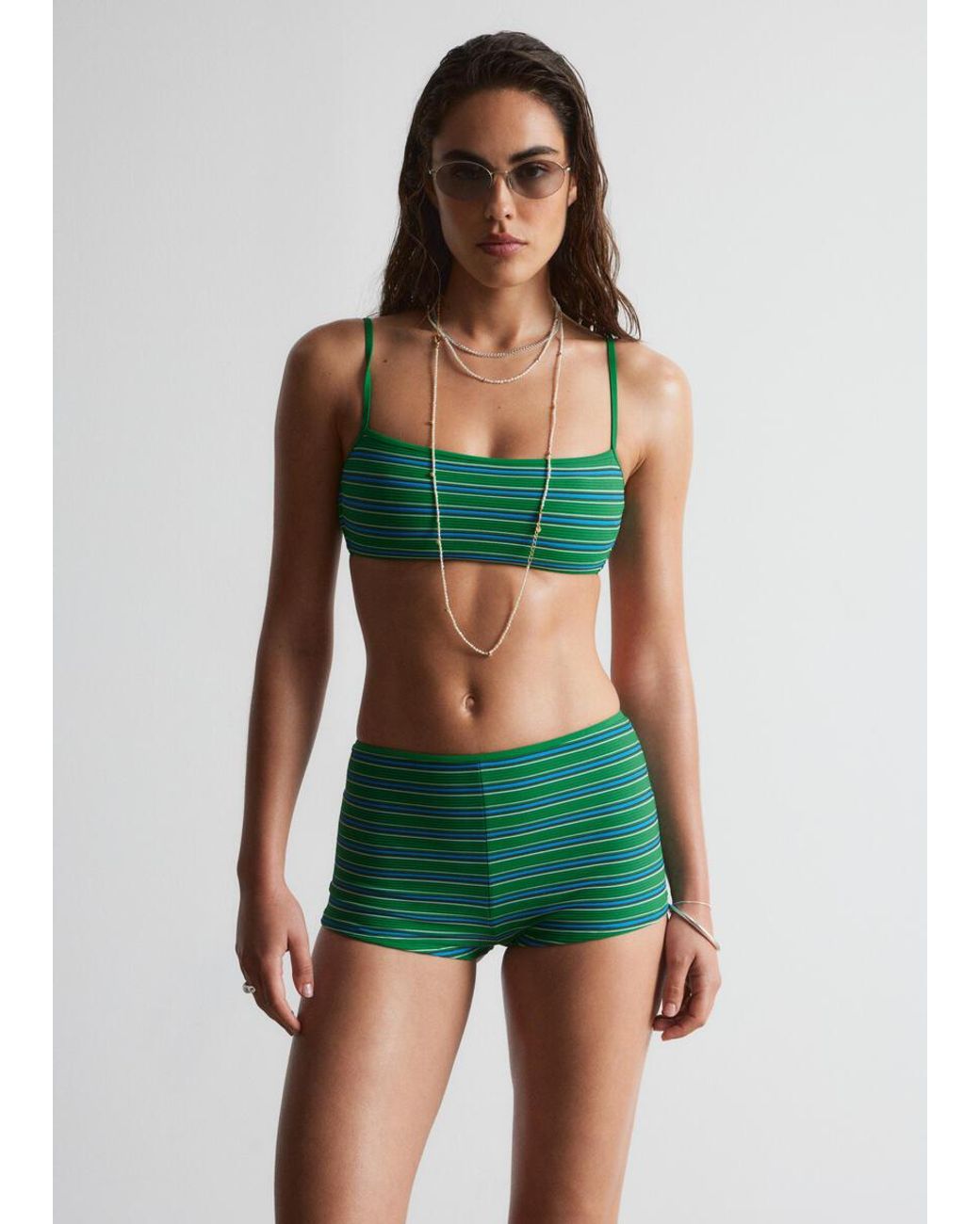 & Other Stories Green Striped Bikini Top