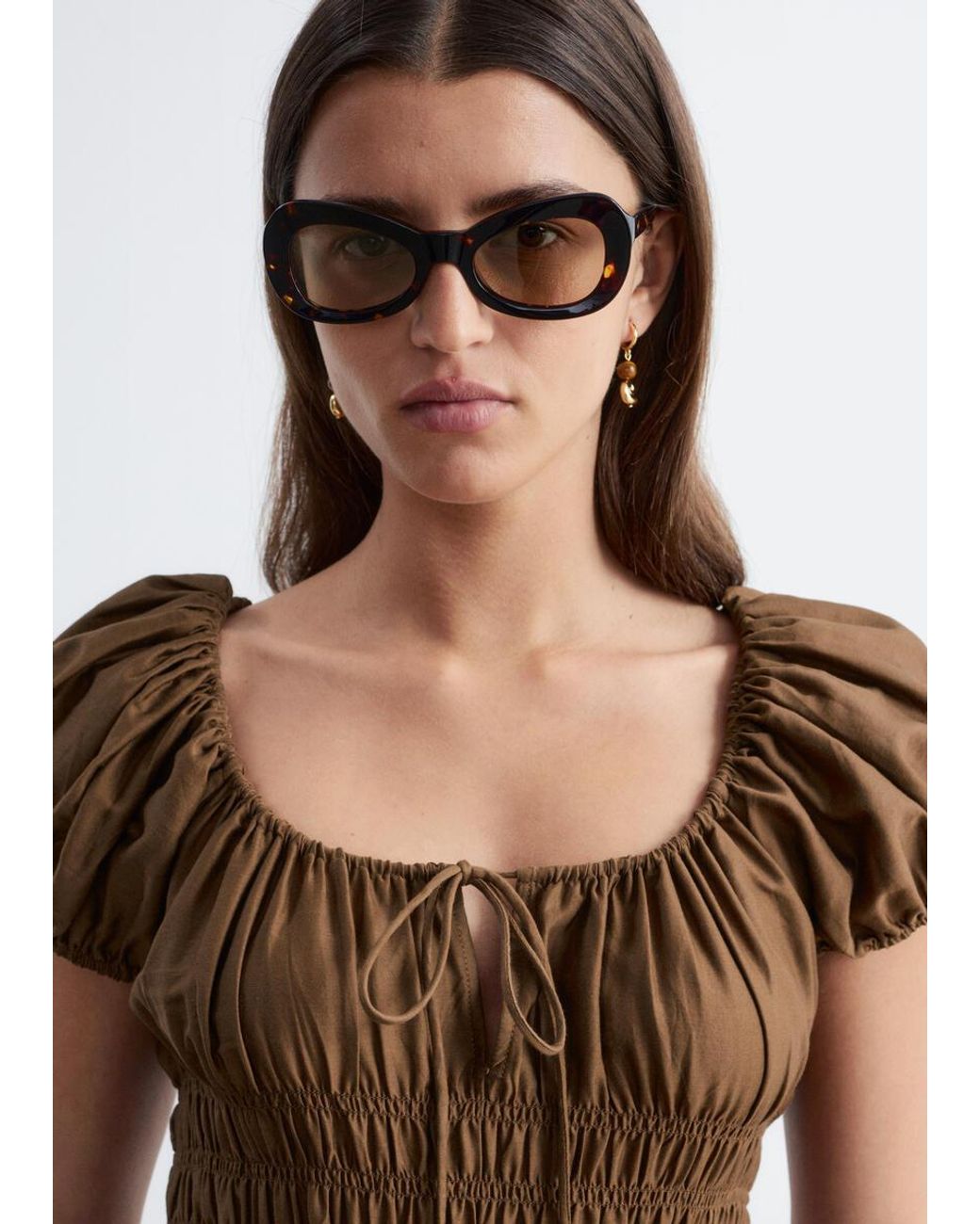 & Other Stories Brown Cotton Smocked Midi Dress