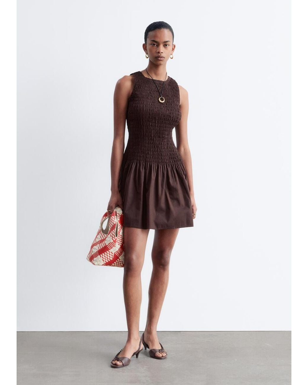 & Other Stories Brown Smocked Cotton Poplin Mini Dress