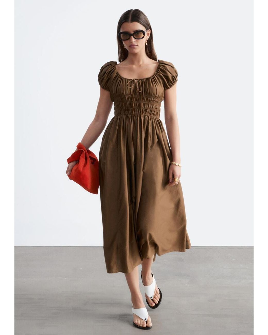 & Other Stories Brown Cotton Smocked Midi Dress