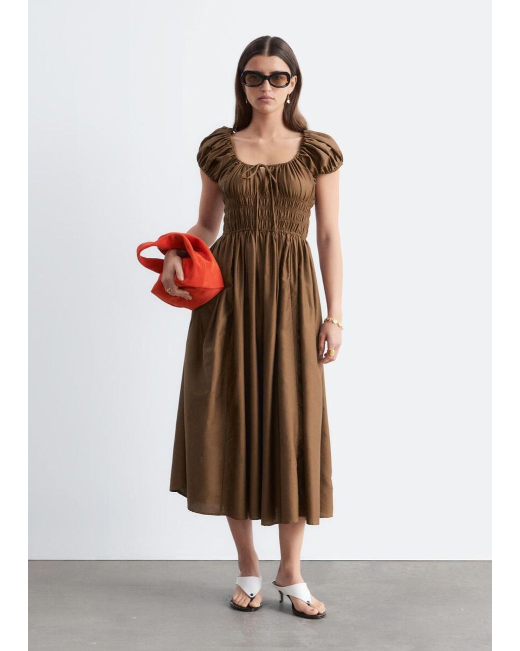 & Other Stories Brown Cotton Smocked Midi Dress
