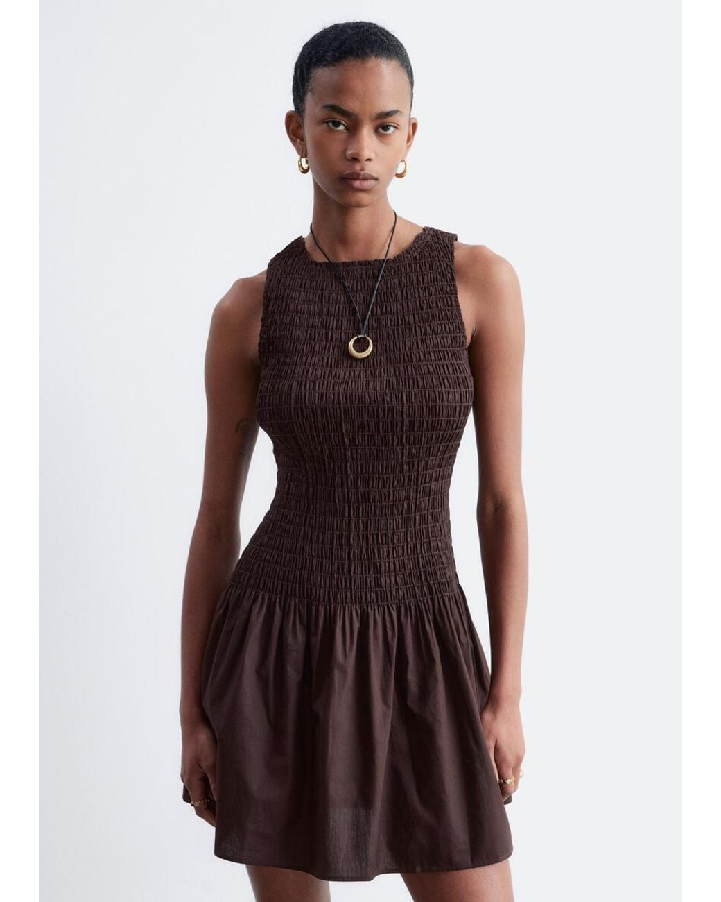 & Other Stories Brown Smocked Cotton Poplin Mini Dress
