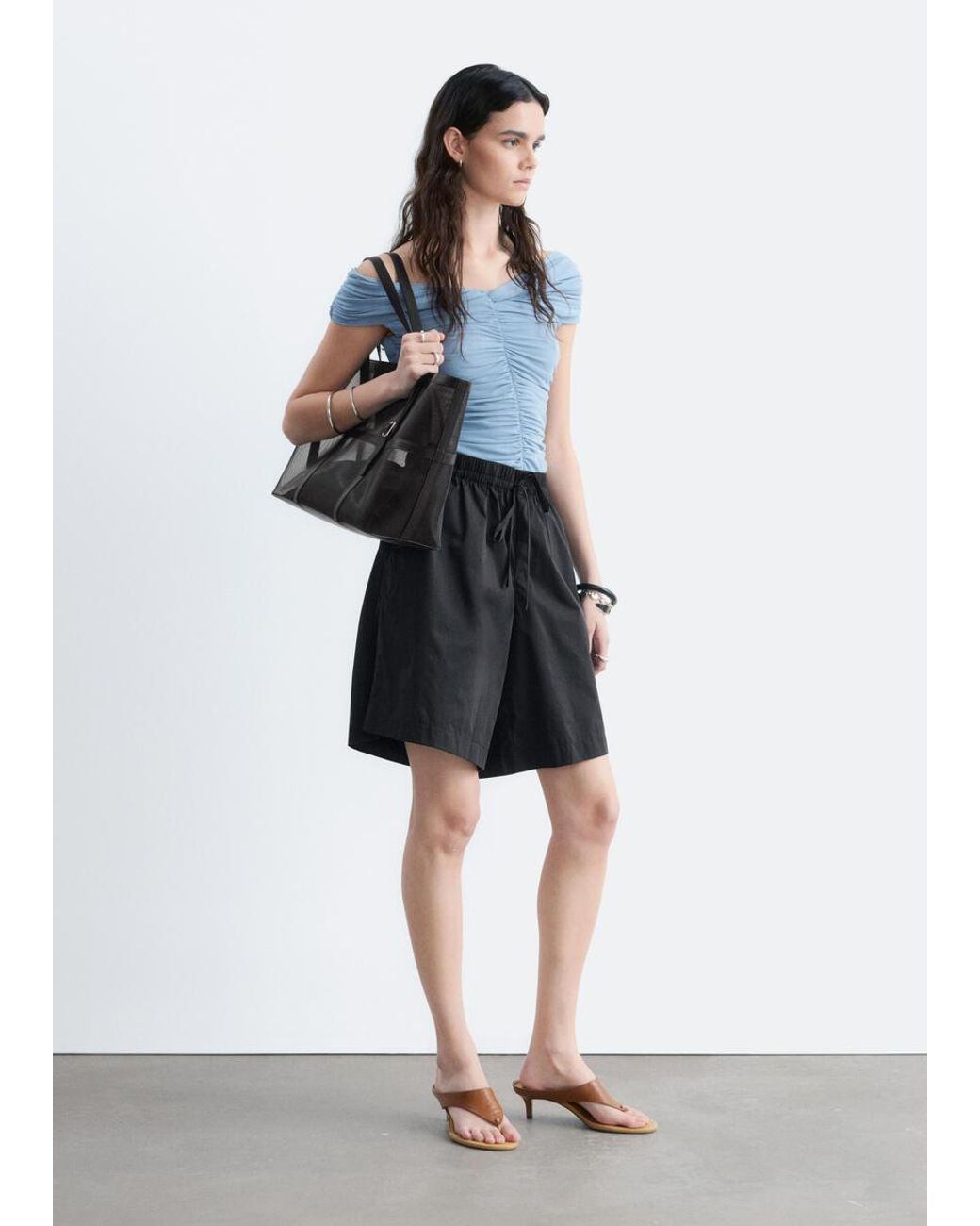 & Other Stories Blue Ruched V-Neck Mesh Top