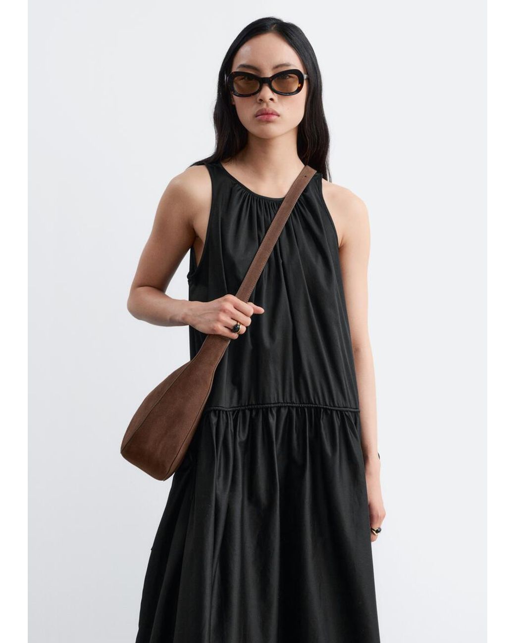 & Other Stories Black Gathered Cotton Dress
