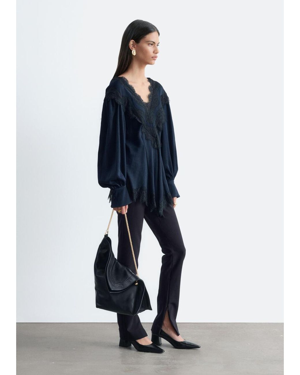 & Other Stories Blue Lace-Detail Crepe Blouse