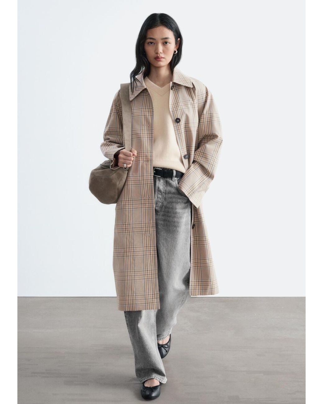 & Other Stories White Checked Buckle-Belt Trench Coat
