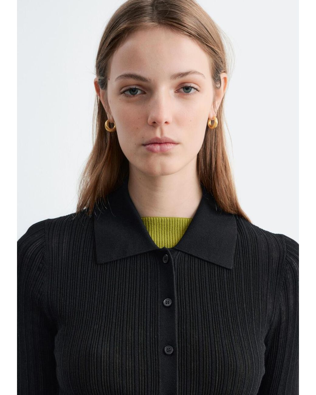 & Other Stories Black Pointelle Rib Polo Shirt
