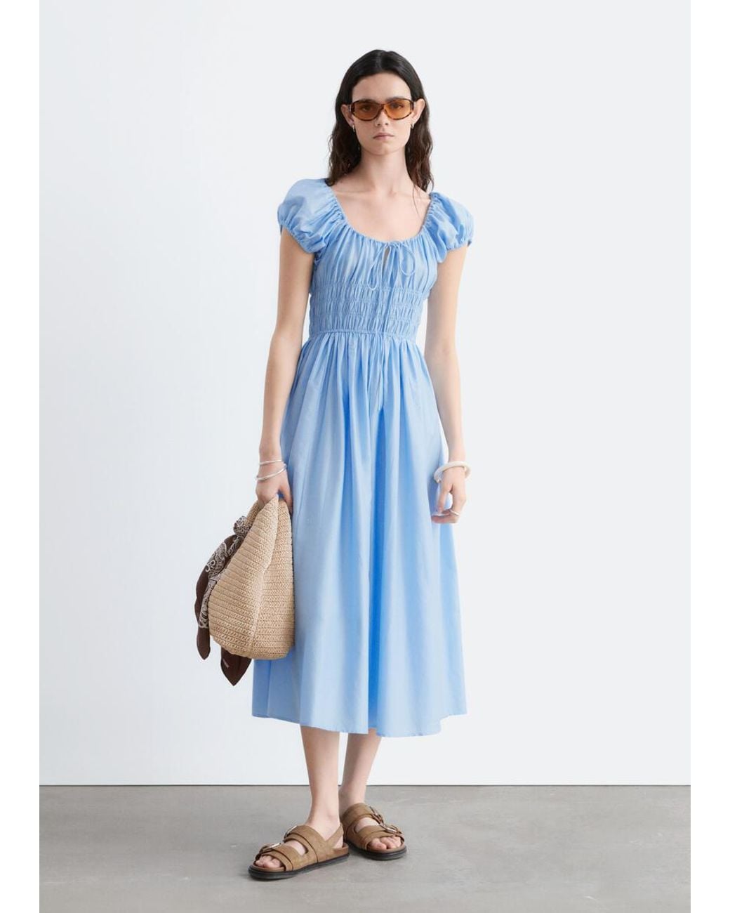 & Other Stories Blue Cotton Smocked Midi Dress