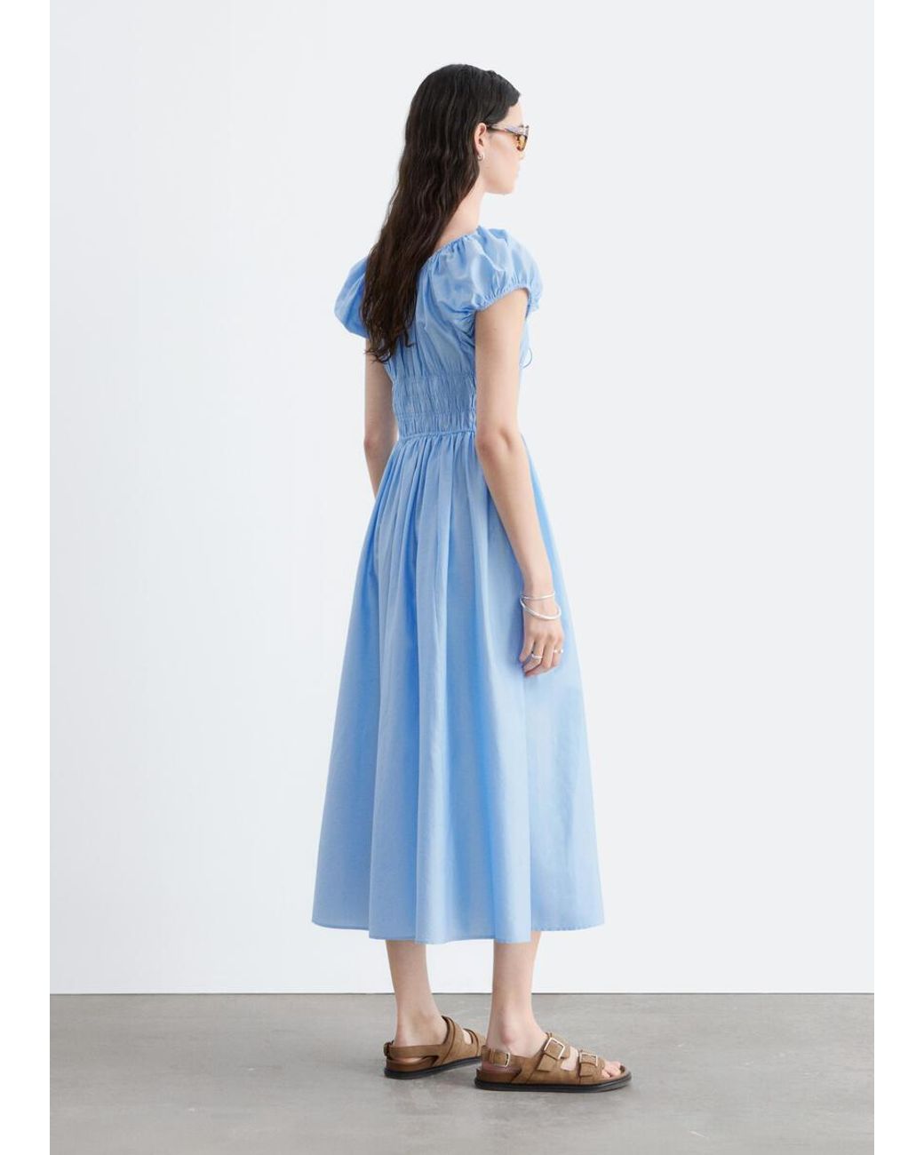 & Other Stories Blue Cotton Smocked Midi Dress