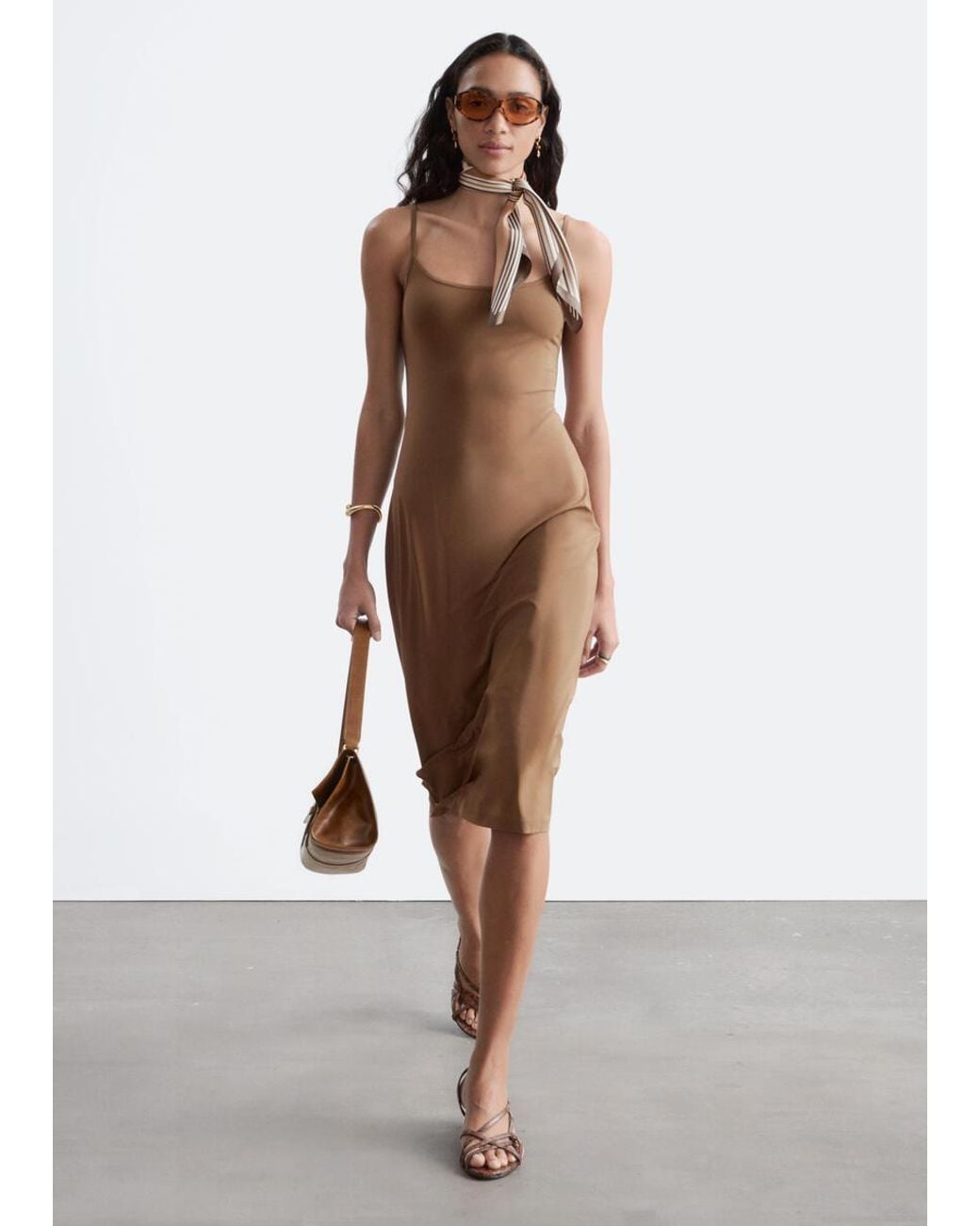 & Other Stories Brown Stretch Midi Slip Dress