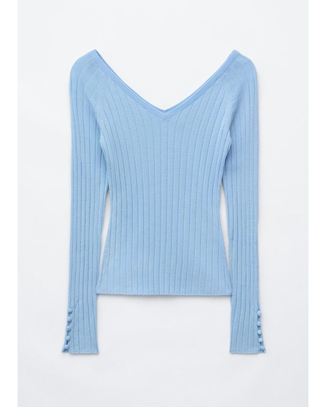 & Other Stories Blue Ribbed Wool V-Neck Top