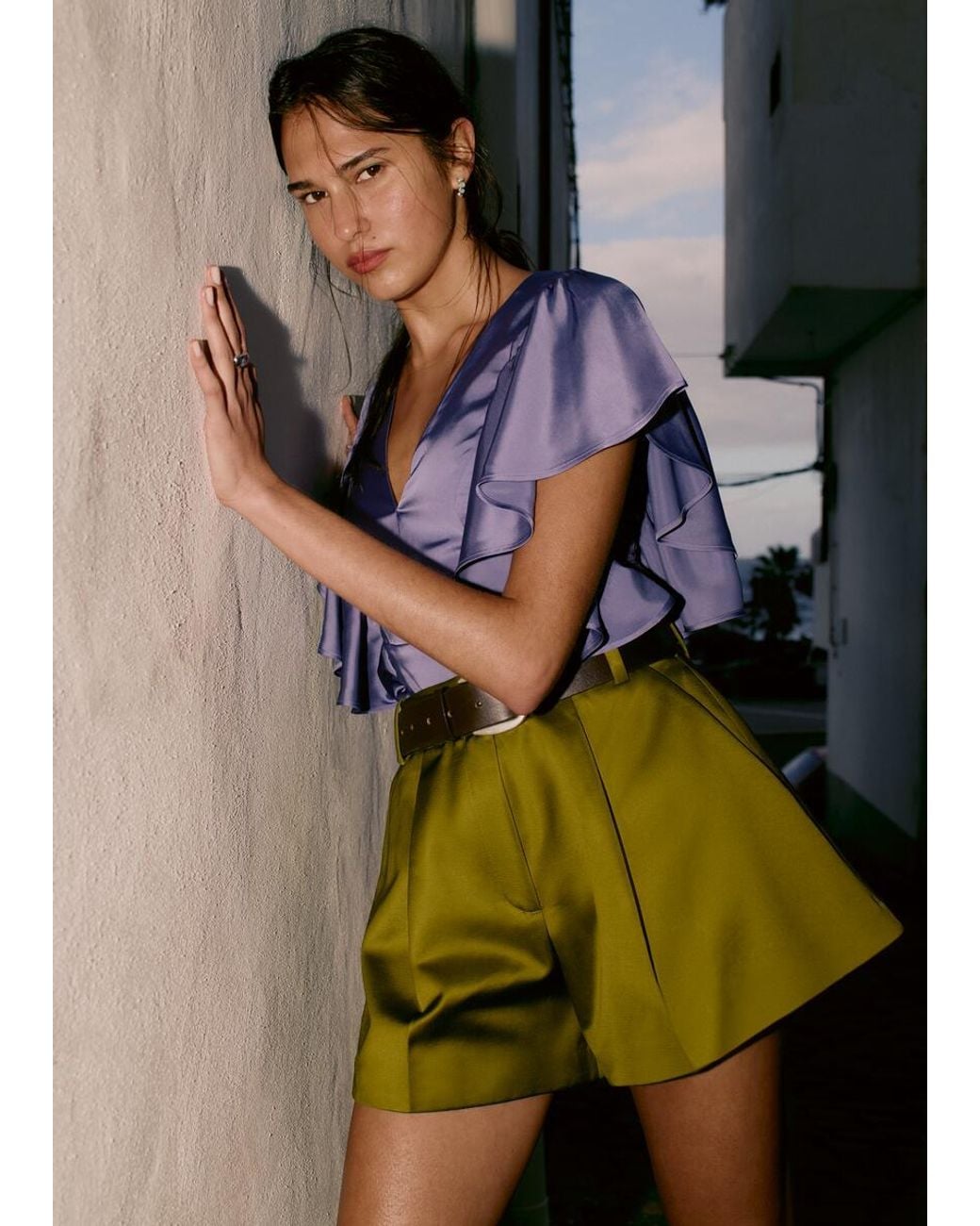 & Other Stories Purple Ruffle V-Neck Blouse