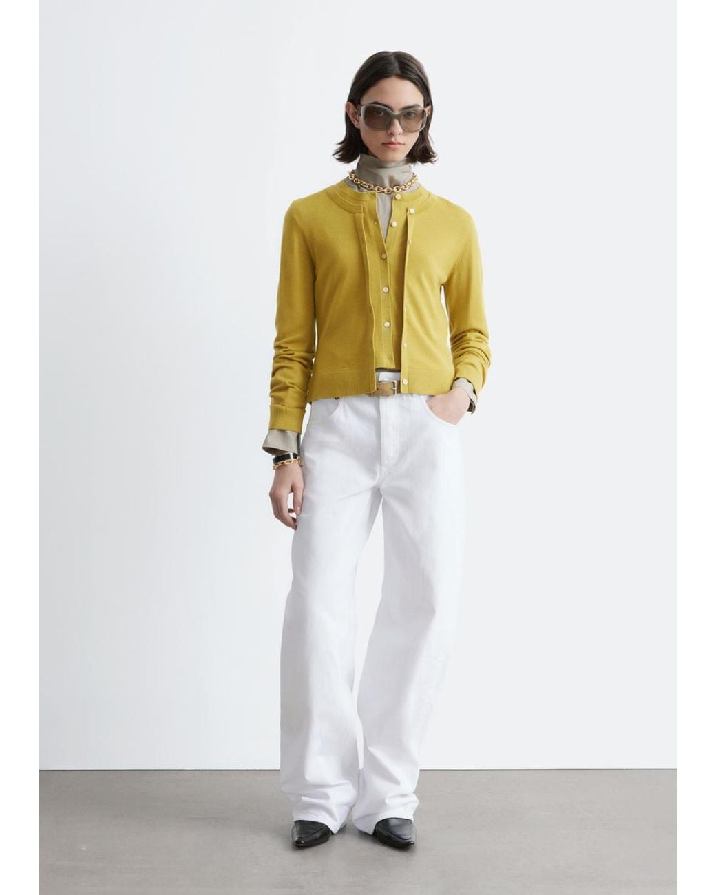 & Other Stories Yellow Double-Layer Merino Wool Cardigan