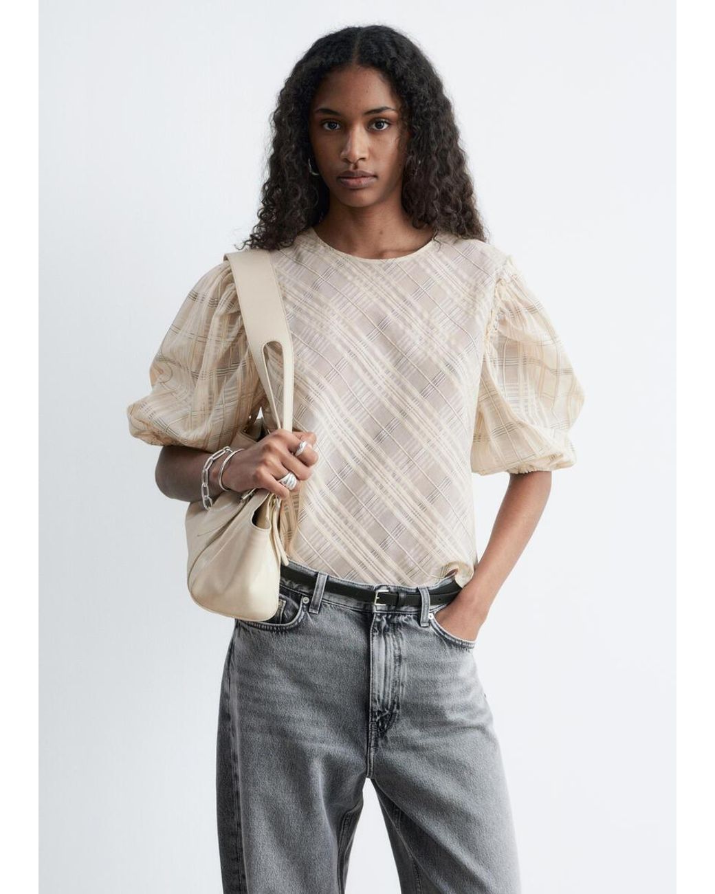 & Other Stories Natural Balloon-Sleeve Jacquard Blouse